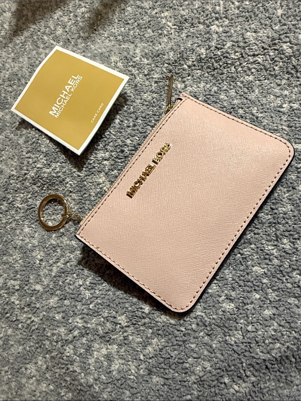 MICHAEL KORS Pink Saffiano Zip Card Case with Gold Logo